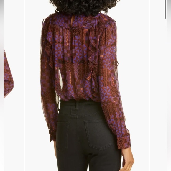 ba&sh / Mia Sheer Ruffled geometric purple silk Top M - Picture 3 of 10